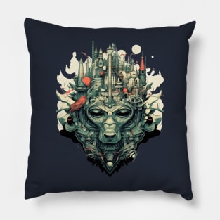 A Cyberpunk City on a Wolf's Head Pillow