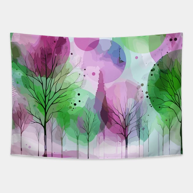 Colorful Pink and Green Abstract Trees Tapestry by Siha Arts