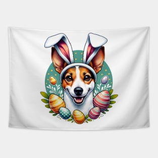 Toy Fox Terrier Enjoys Easter Egg Hunt Adventure Tapestry