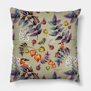 Beautiful watercolor jay bird and leaves pattern Pillow