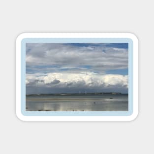 Relaxing view on Baltic seascape with thick cumulus cloud horizon and two power wind turbines in background Magnet