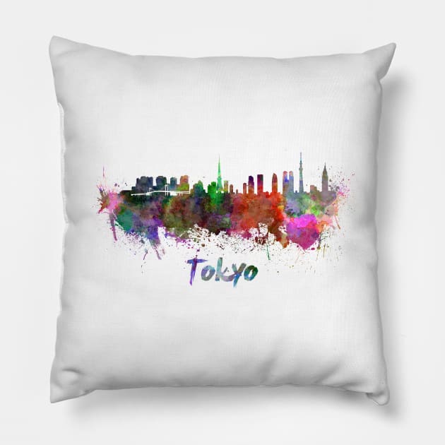 Tokyo skyline in watercolor Pillow by PaulrommerArt