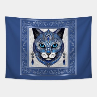 Sapphire Bloom Feline Tapestry