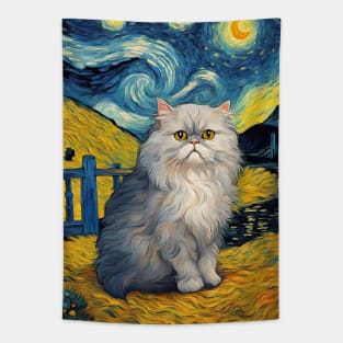 Persian Cat Breed Portrait Painting in a Van Gogh Starry Night Art Style Tapestry