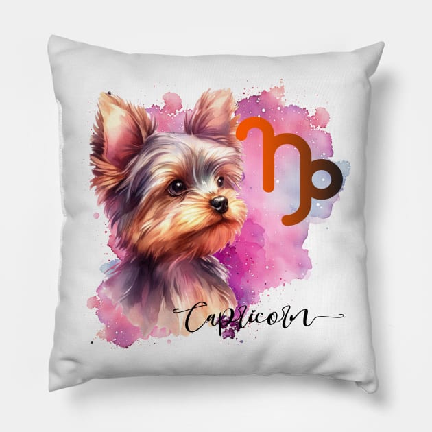 Capricorn Zodiac Sign Cute Yorkshire Terrier Watercolor Art Pillow by AdrianaHolmesArt