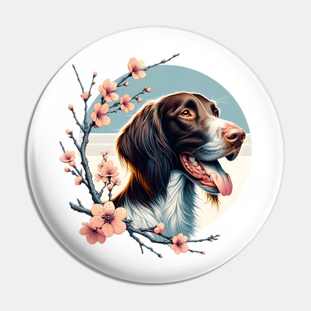 Joyful German Longhaired Pointer with Spring Cherry Blossoms Pin by ArtRUs