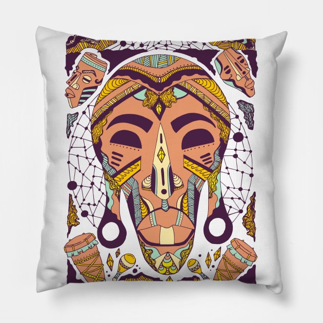 Yellow Pastel Tone Tribal African Mask Pillow by kenallouis