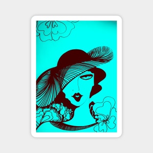 TURQUOISE RETRO OP ART SEVENTIES DECO LADY WITH HAT SUMMER PRINT Magnet