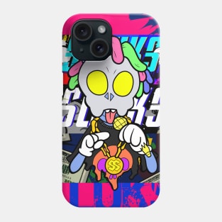 Dope Slluks skull face character rocking with a microphone drawing Phone Case