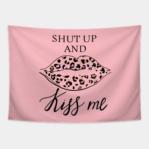 Fashion print with slogan. Kiss with leopard lipstick. Stylish woman lips. Tapestry by CoCoArt-Ua