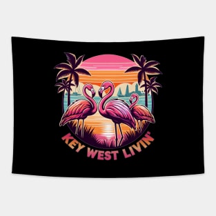 Key West Livin' - Tropical Flamingo Sunset Scene In Key West Tapestry