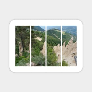 The incredible earth pyramids of Collepietra (Piramidi di Terra) in the Dolomites. Striking place. Italian Alps. Sunny spring day with no people. Valley in the background. Trentino Alto Adige. Magnet