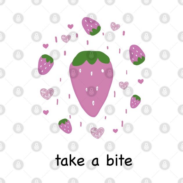 Cute strawberry and hearts with take a bite text by GULSENGUNEL