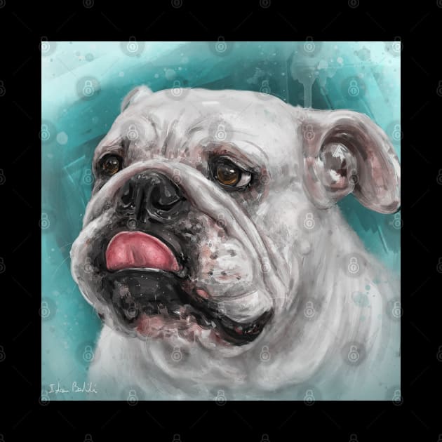 Close Up Painting of a White Bulldog With Its Tongue Out, Blue Background by ibadishi