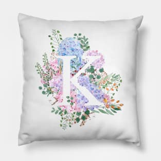 botanical monogram alphabet K hydrangea flowers Pillow