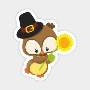Thanksgiving Owl, Brown Owl, Pilgrim Hat, Flower Magnet