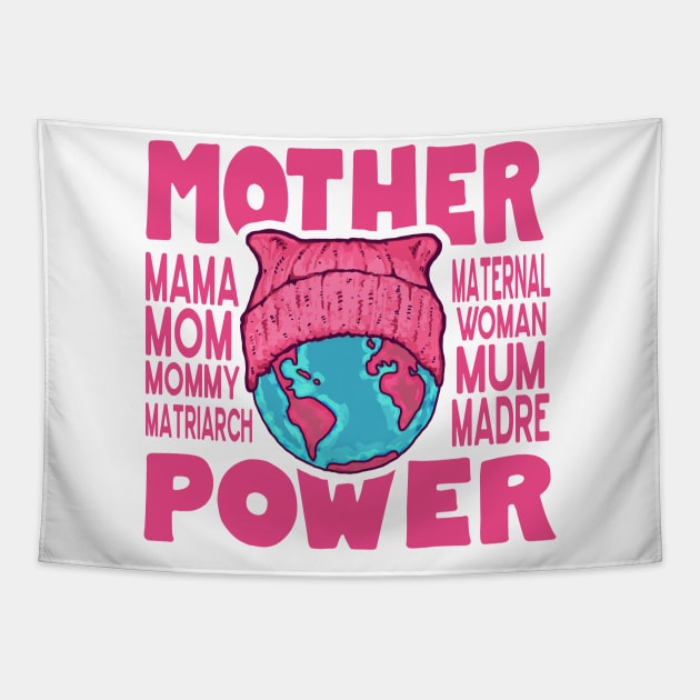 Mother Power - Pink Cat Hat Earth Tapestry by Jitterfly