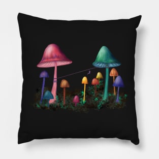 Ziplining between Colorful Mushrooms Pillow