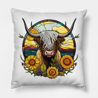 Sunflower Stained Glass Highland Cow #4 Pillow