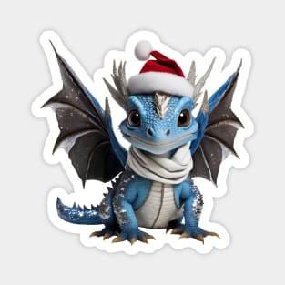 Realistic Artwork of a Cute Blue Baby Dragon Wearing a Red Santa Christmas Hat Magnet