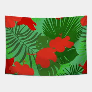 Hand drawn hibiscus, tropical leaves red and green pattern Tapestry