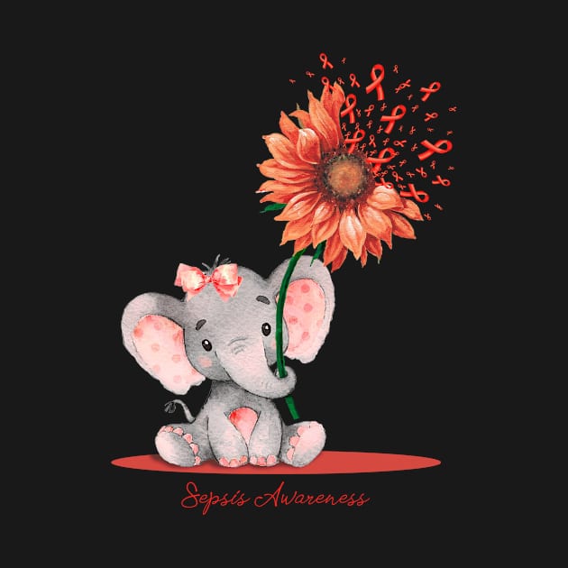 SEPSIS AWARENESS Cute Elephant Sunflower Red Ribbon Gift by Benjie Barrett