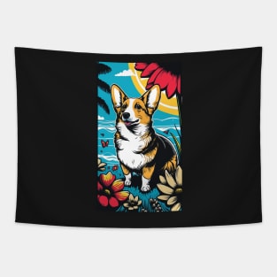 Corgi Dog Vibrant Tropical Flower Tall Retro Vintage Digital Pop Art Portrait 2 Tapestry