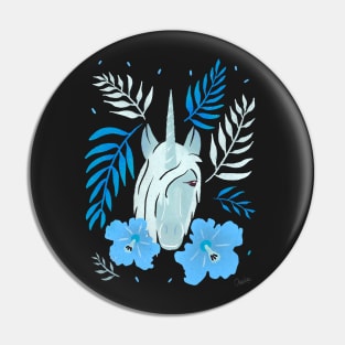 Unicorn and Hibiscus Blue White Floral Pattern Pin