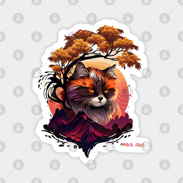 Anime Cat in Glowing Red Japanese Mountains Magnet by Amour Grki