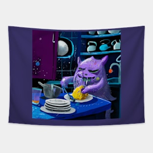 Purple Sludge Creature Works in the Kitchen Washing Dishes Tapestry