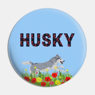 Siberian Husky Dog Jumping in Poppy Flower Meadow Pin