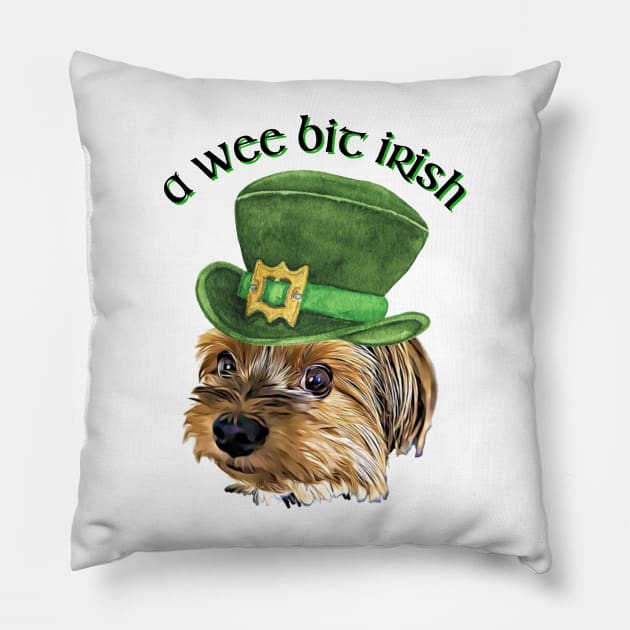 A  Wee Bit Irish Cute Yorkshire Terrier St Patrick's Day Pillow by AdrianaHolmesArt