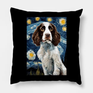 Cute English Springer Spaniel Dog Breed Painting in a Van Gogh Starry Night Art Style Pillow