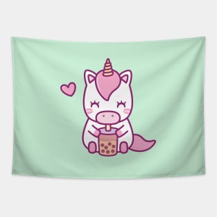 Cute Little Unicorn Loves Drinking Boba Tea Tapestry