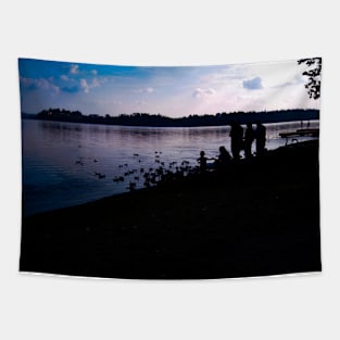 Lake silhouette family with duck and swan photography Tapestry