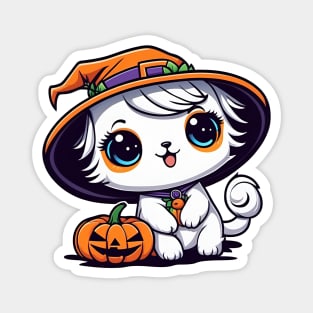 Cut cat wearing a witches hat and with cute pumpkin Magnet