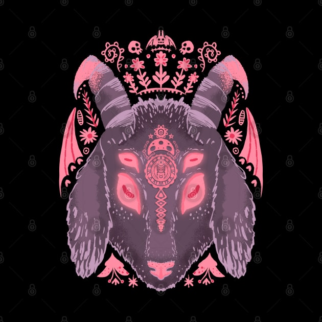 Purple Goat Demon with Pink Flowers by narwhalwall