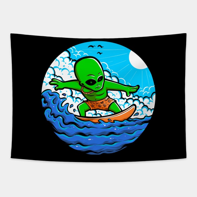 Alien surfing on wave Tapestry by zwestshops