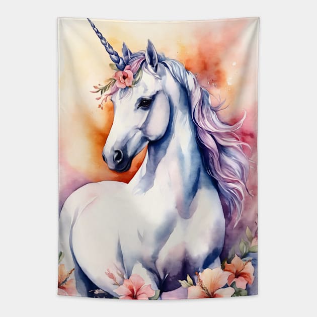 Watercolor fantasy unicorn with flowers Tapestry by AnnArtshock
