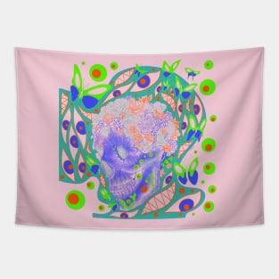 floral skull in pink landscape ecopop Tapestry