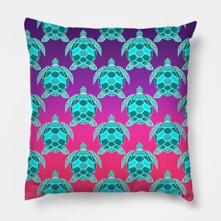 Teal Green Turquoise blue sea turtle pattern on purple pink ombre gradient background Pillow