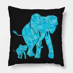 Beautiful Aqua Blue Mother and Baby Elephant. A cute Mother and Baby elephant design in an aqua blue speckled pattern. Includes light and dark shades of aqua, aquamarine and turquoise blue. Pillow