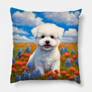 Bichon Frise Puppy in Texas Wildflower Field Pillow