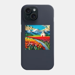 Swirly Quilled Fantasy Field of Multicolor Flowers and Mountains Phone Case