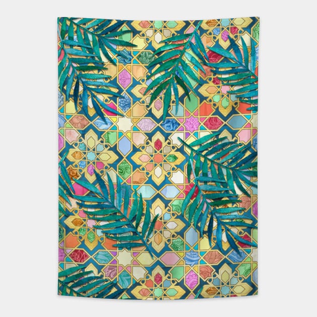 Muted Moroccan Mosaic Tiles with Palm Leaves Tapestry by micklyn