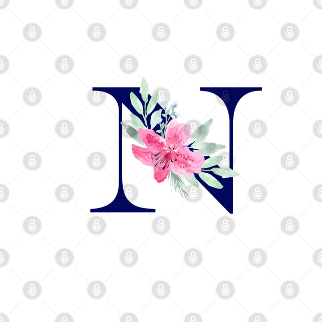 Watercolor Floral Letter N in Navy by Harpleydesign