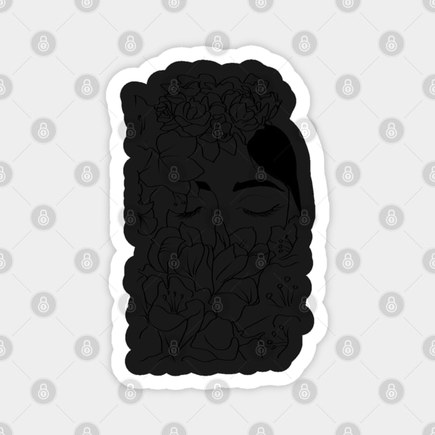 Woman face with flowers line art Magnet by metisartdesign