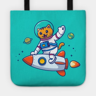 Cute Cat Astronaut Riding Rocket Cartoon Tote