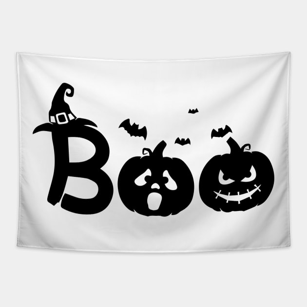 Boo halloween silhouette with bats and witch hat,  Halloween Party, Halloween T-shirt, Hocus Pocus Shirt, Halloween Funny Tee, Halloween Shirt Tapestry by Linna-Rose