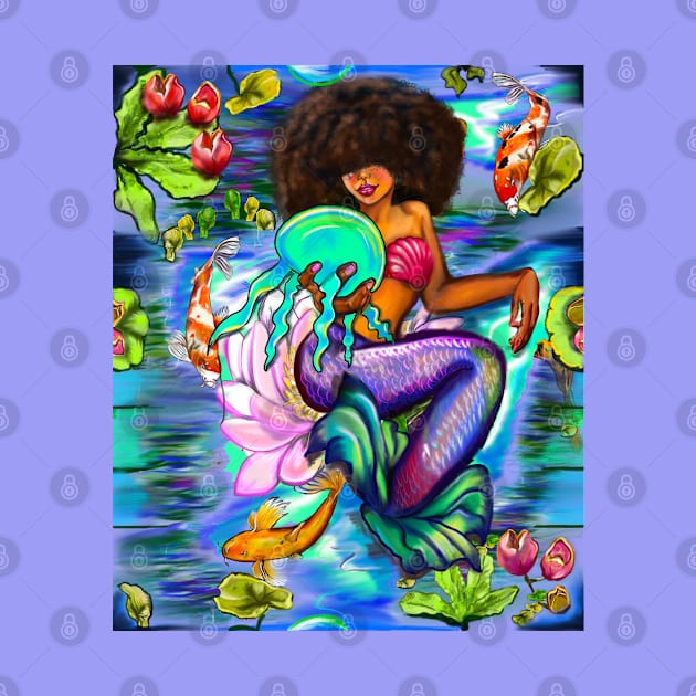 Mermaid holding a jellyfish with Koi fish in koi pond with plants and flowers black African American mermaid by Artonmytee